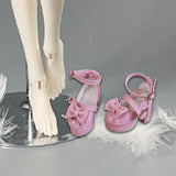 Maxbell 1/4 Scale Female Shoes with Cute Bow Sturdy Realistic Heart Buckle Miniature pink
