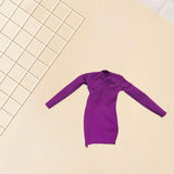 Maxbell 1/6 Scale Female Clothes Side Zipper with Sleeves Elastic Tight Fitted Dress Violet