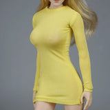 Maxbell 1/6 Scale Female Clothes Side Zipper with Sleeves Elastic Tight Fitted Dress Yellow