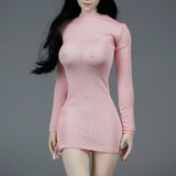 Maxbell 1/6 Scale Female Clothes Side Zipper with Sleeves Elastic Tight Fitted Dress Pink