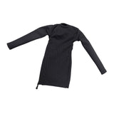Maxbell 1/6 Scale Female Clothes Side Zipper with Sleeves Elastic Tight Fitted Dress Black