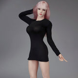 Maxbell 1/6 Scale Female Clothes Side Zipper with Sleeves Elastic Tight Fitted Dress Black
