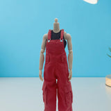 Maxbell 1/6 Scale Bib Overalls Mini Long Pants with Pocket for 12in Figures Dress up red