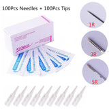 Maxbell Maxbell 200 Pieces Tattoo Needles Permanent Makeup Machine Pen+200 Pieces Tips 3R 1R