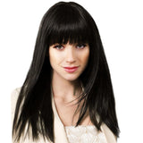 Long Black Human Hair Full Wig Straight Hairpieces with Bangs Heat Safe 48CM