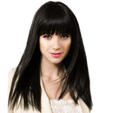 Long Black Human Hair Full Wig Straight Hairpieces with Bangs Heat Safe 48CM