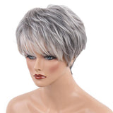 Maxbell Cool Design Short Straight Wigs with Bangs Silver Gray Color Heat Perm OK 70% Real Human Hair Full Head Women Wigs,Pixie Cut Layer Wig - Aladdin Shoppers