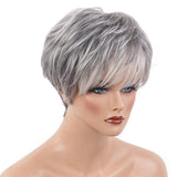 Maxbell Cool Design Short Straight Wigs with Bangs Silver Gray Color Heat Perm OK 70% Real Human Hair Full Head Women Wigs,Pixie Cut Layer Wig - Aladdin Shoppers