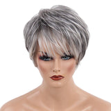 Maxbell Cool Design Short Straight Wigs with Bangs Silver Gray Color Heat Perm OK 70% Real Human Hair Full Head Women Wigs,Pixie Cut Layer Wig - Aladdin Shoppers