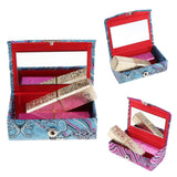 Maxbell 2x Embroidery Jewelry Makeup Double Lipstick Holder Case w/ Mirror Blue Red