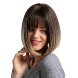 12" Short Straight Bob Synthetic Hair Full Wig Brown Ombre Flaxen