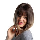 12" Short Straight Bob Synthetic Hair Full Wig Brown Ombre Flaxen
