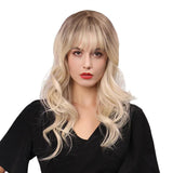 Maxbell Women 22'' Synthetic Wavy Curly w/ Neat Bangs Blonde Full Wig for Costume