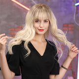 Maxbell Women 22'' Synthetic Wavy Curly w/ Neat Bangs Blonde Full Wig for Costume