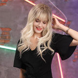 Maxbell Women 22'' Synthetic Wavy Curly w/ Neat Bangs Blonde Full Wig for Costume