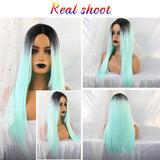 Maxbell 25 Inch Straight Center Parting Wigs Ombre Mint Green Halloween Party Wig