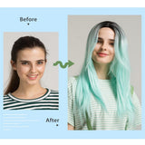 Maxbell 25 Inch Straight Center Parting Wigs Ombre Mint Green Halloween Party Wig