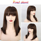 Maxbell 14'' Elegant Women Human Hair Medium Straight Cosplay Wig with Neat Bangs