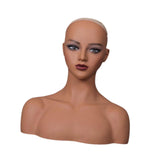 Maxbell Realistic Mannequin Head Female Mannequin Head with Shoulder for Jewelry Wig Style D