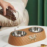 Dog Cat Double Bowls Removable Convenient Food Water Feeder Anti Skid Base Brown - Aladdin Shoppers