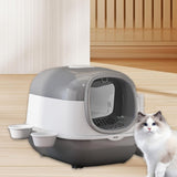 Maxbell Maxbell Hooded Cat Litter Box with Cat Bowls Portable Anti Splashing Pet Litter Tray Gray