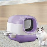 Maxbell Maxbell Hooded Cat Litter Box with Cat Bowls Portable Anti Splashing Pet Litter Tray Purple