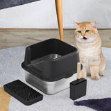 Maxbell Cat Litter Box Stainless Steel Litter Container Bedpan Kitten Litter Pan black