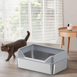 Maxbell Open Top Pet Litter Box Heightened Fence Cat Bedpan Anti Splashing Low Entry 50x35x10cm Light Gray