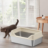 Maxbell Open Top Pet Litter Box Heightened Fence Cat Bedpan Anti Splashing Low Entry 50x35x15cm Beige