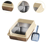 Maxbell Stainless Steel Cat Litter Box Convenient Detachable Non Stick Bottom Sturdy Khaki Medium