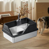 Maxbell Portable Stainless Steel Cats Litter Pan and Scooper Easy to Clean for Big Cats Black