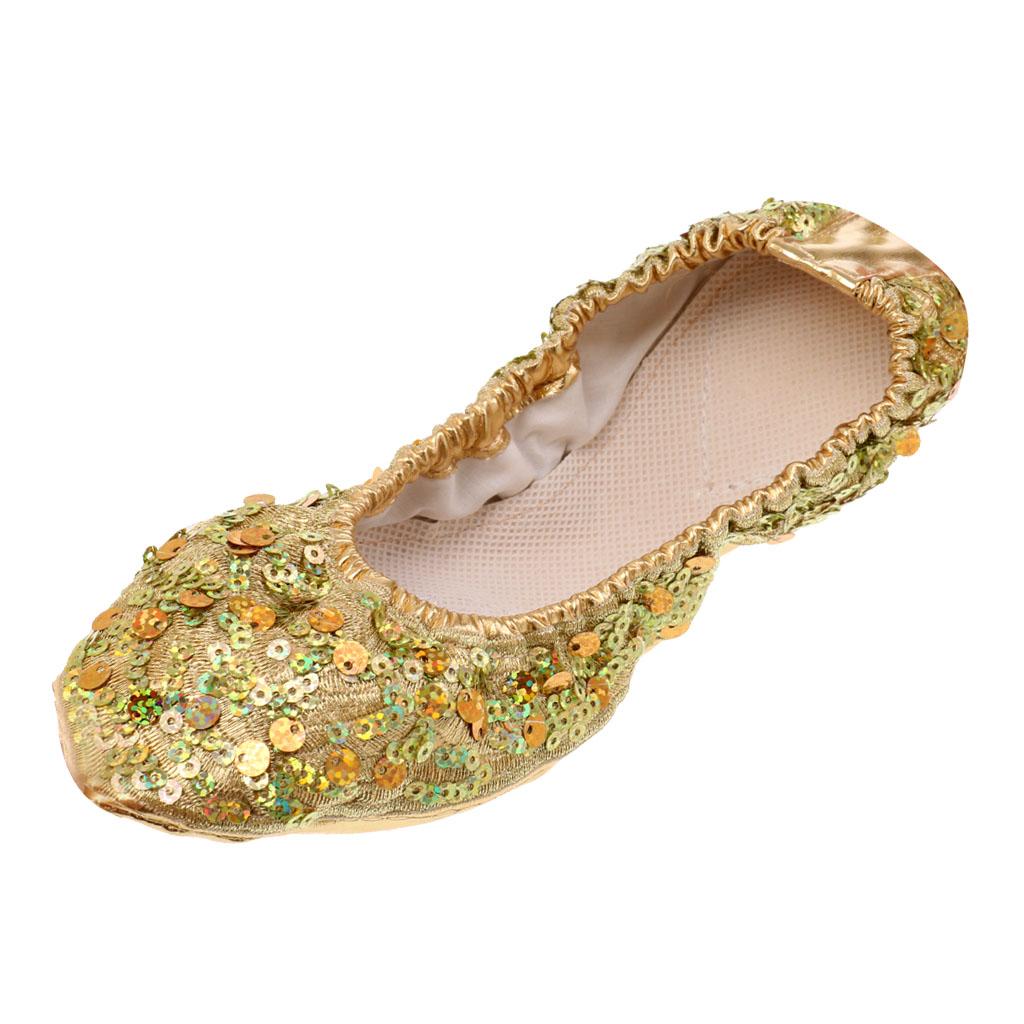 Maxbell Belly Dance Shoes Soft Soles Dance Performance Shoes with Sequins M Golden