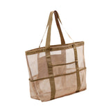Maxbell Mesh Beach Tote Overnight Bag Storage Shoulder Bag for Work Birthday Vacation Khaki