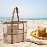 Maxbell Mesh Beach Tote Overnight Bag Storage Shoulder Bag for Work Birthday Vacation Khaki