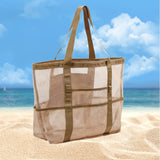 Maxbell Mesh Beach Tote Overnight Bag Storage Shoulder Bag for Work Birthday Vacation Khaki