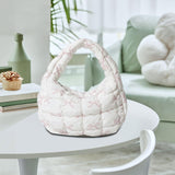 Maxbell Women Handbag Comfortable Trendy Nylon Quilted Shoulder Bag Pleated Tote Bag White Pink