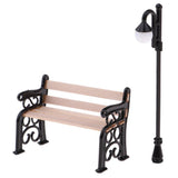 2pcs 1:12 Dollhouse Furniture Mini Wooden Bench with Street Lamp Garden Patio Accessories