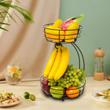 Maxbell Fruit Basket with Banana Hanger Iron 2 Tier for Kitchen Counter Dining Table Black