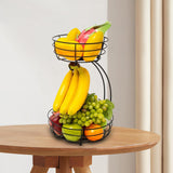 Maxbell Fruit Basket with Banana Hanger Iron 2 Tier for Kitchen Counter Dining Table Black