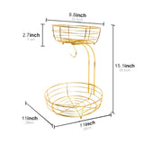 Maxbell Fruit Basket with Banana Hanger Iron 2 Tier for Kitchen Counter Dining Table Gold