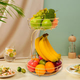 Maxbell Fruit Basket with Banana Hanger Iron 2 Tier for Kitchen Counter Dining Table Gold