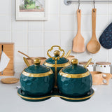 Maxbell 3Pcs Ceramic Spice Jars Condiment Jars for Restaurants Sugar Kitchen Counter Green