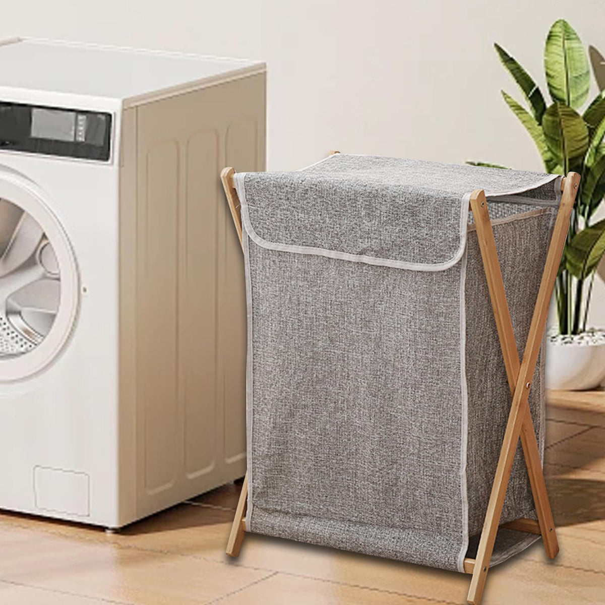 Maxbell Clothes Hamper Basket Wood Frame Laundry Hamper for Living Room Clothes Dorm grey