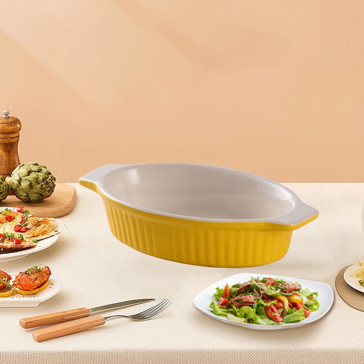 Maxbell Ceramics Baking Dish Large Lasagna Pan Deep for Oven for Banquet Kitchen Cake Oval yellow