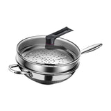 Maxbell Stainless Steel Wok Pan with Glass Lid and Steamer Easy to Clean for Kitchen 34cm