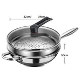 Maxbell Stainless Steel Wok Pan with Glass Lid and Steamer Easy to Clean for Kitchen 34cm