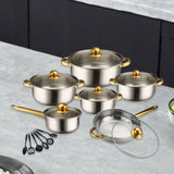 Maxbell 6x Pots and Pans Set Saucepan Sturdy Cookware Set for Indoor Camping Kitchen 18PCS Gold Handle