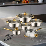 Maxbell 6x Pots and Pans Set Saucepan Sturdy Cookware Set for Indoor Camping Kitchen 18PCS Gold Handle