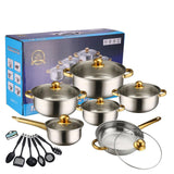 Maxbell 6x Pots and Pans Set Saucepan Sturdy Cookware Set for Indoor Camping Kitchen 18PCS Gold Handle
