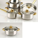 Maxbell 6x Pots and Pans Set Saucepan Sturdy Cookware Set for Indoor Camping Kitchen 18PCS Gold Handle